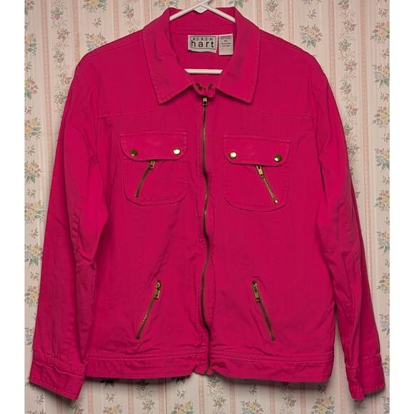 Vtg Hot Pink Lightweight Denim Jacket WOMENS XL Blazer Gold Hardware 80s Retro - Picture 1 of 9